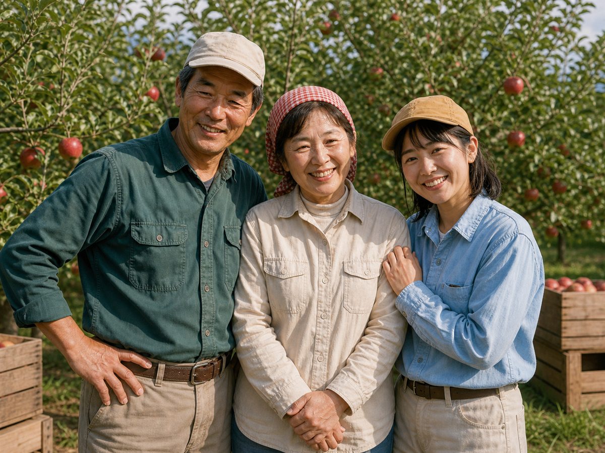 りんご畑でほほえむ石丸家の3人を想定したイメージ